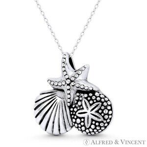 Starfish, Sand Dollar, & Clam Charm Pendant in Oxidized .925 Sterling Silver